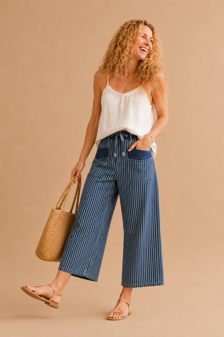 Maeve Drawstring Waist Stripe Denim Pants