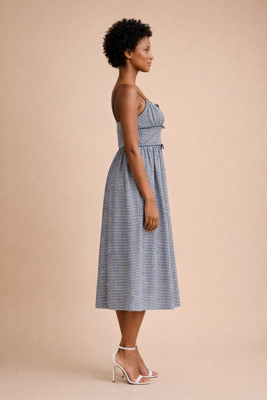 Brielle Gingham Bow Tie Front Ruched Bodice Midi Dress
