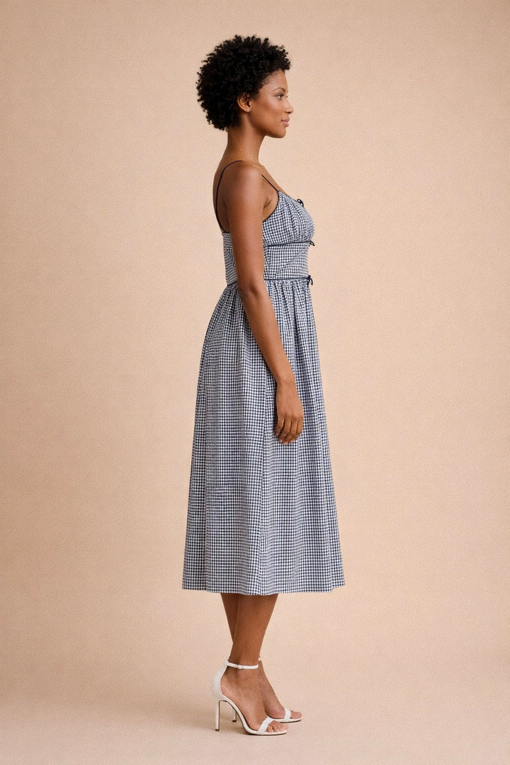 Brielle Gingham Bow Tie Front Ruched Bodice Midi Dress