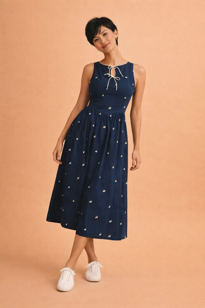 Jamie Floral Embroidered Sleeveless Front Tie Midi Dress