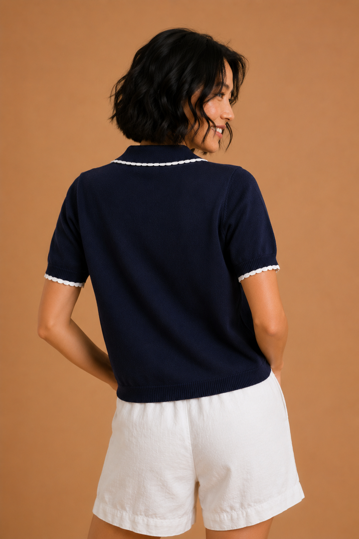 Alina Scalloped Trim Knit Polo Top