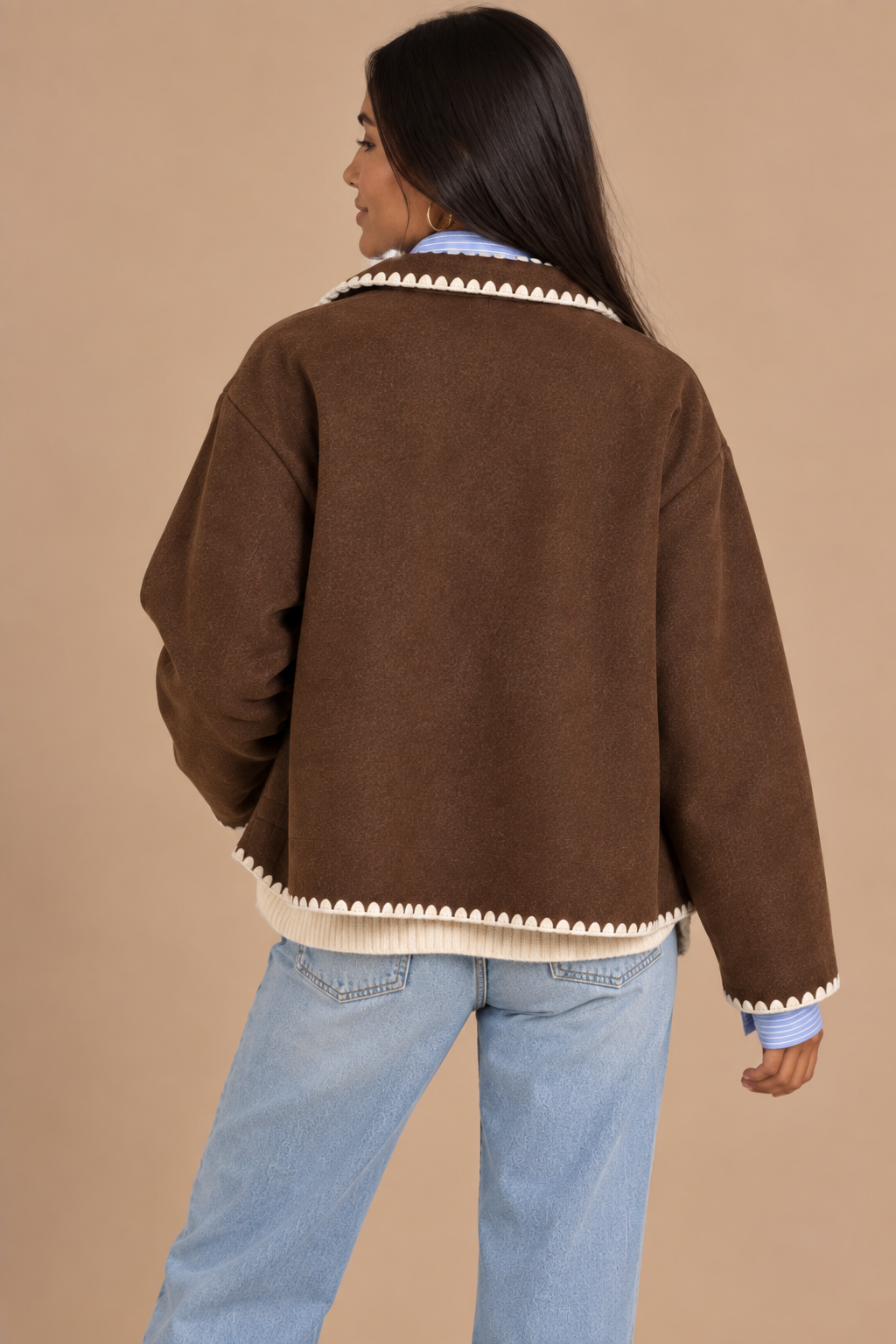 Corey High Collar Blanket Stitch Hem Felt Jacket