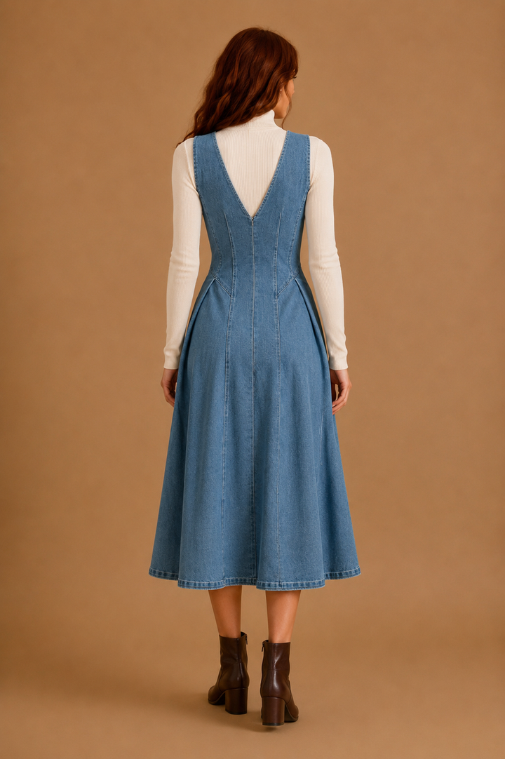 Malia V-Neck Stretch Denim Midi Dress