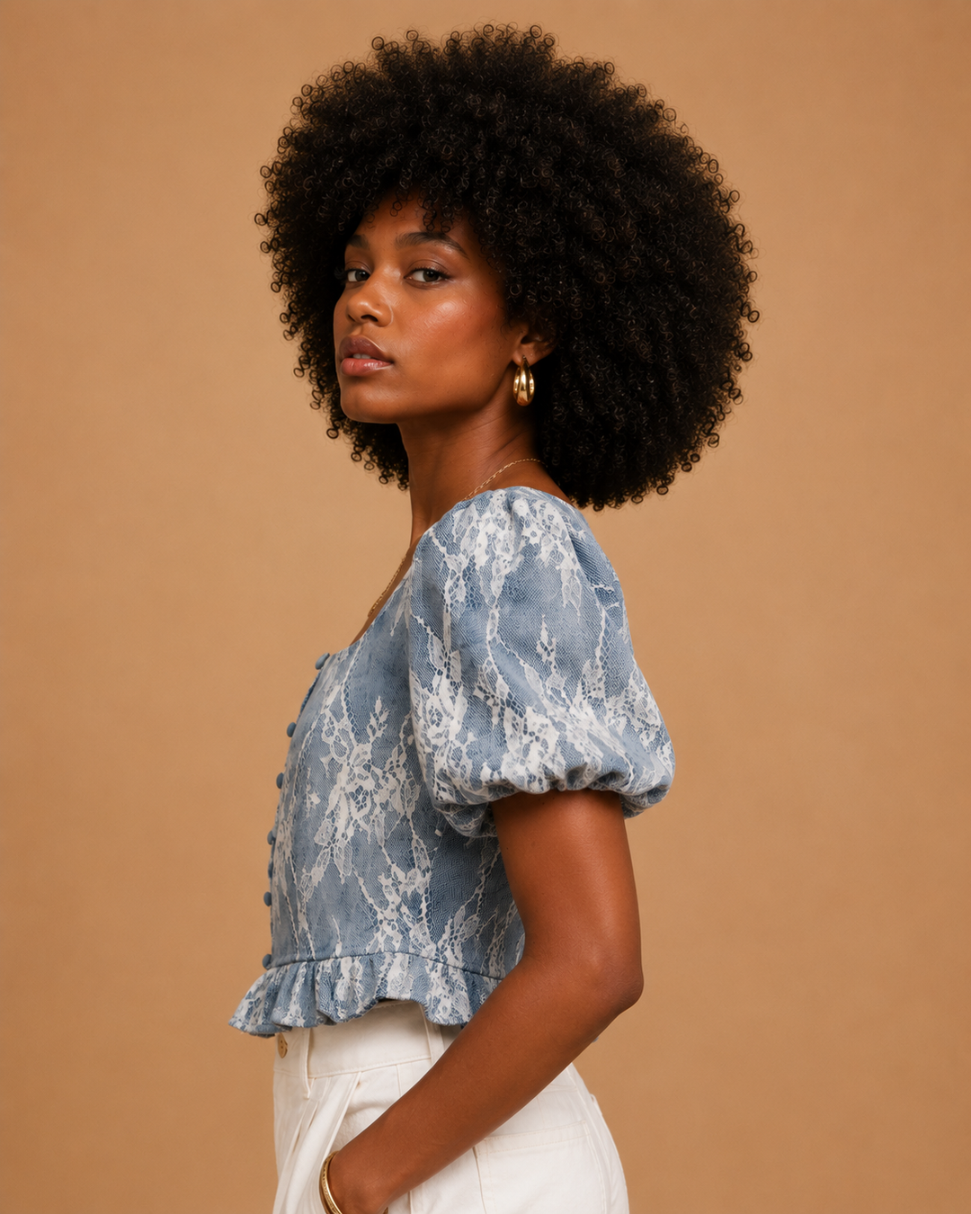 Isabelle Lace Overlay Peplum Denim Top