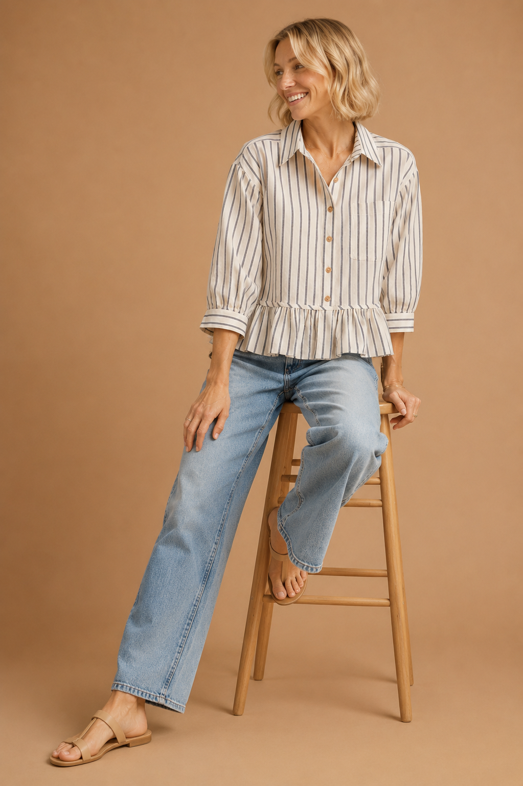 Ivy Striped Button Down Ruffle Hem Shirt
