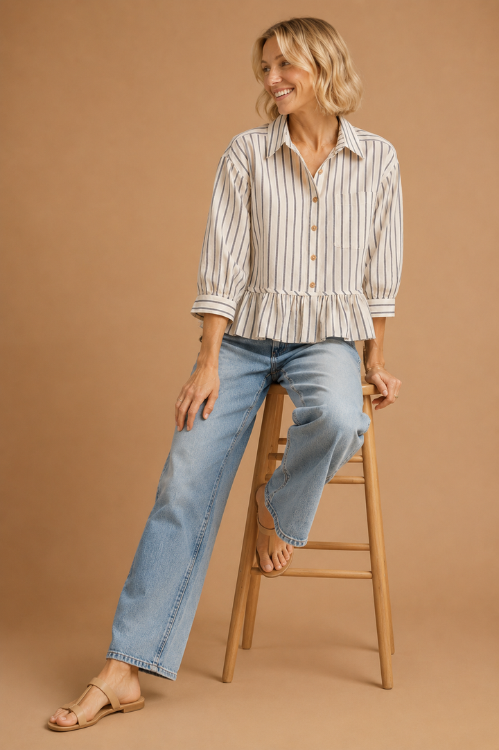 Ivy Striped Button Down Ruffle Hem Shirt