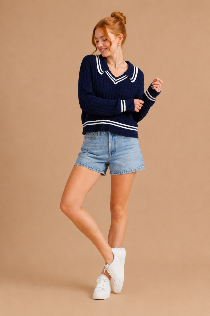Alicia Coastal Cable Knit Collared V-Neck Sweater