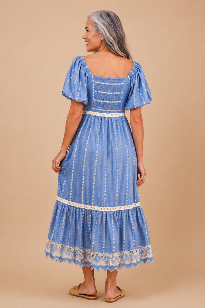 Valerie Embroidered Eyelet Seashell Hem Midi Dress