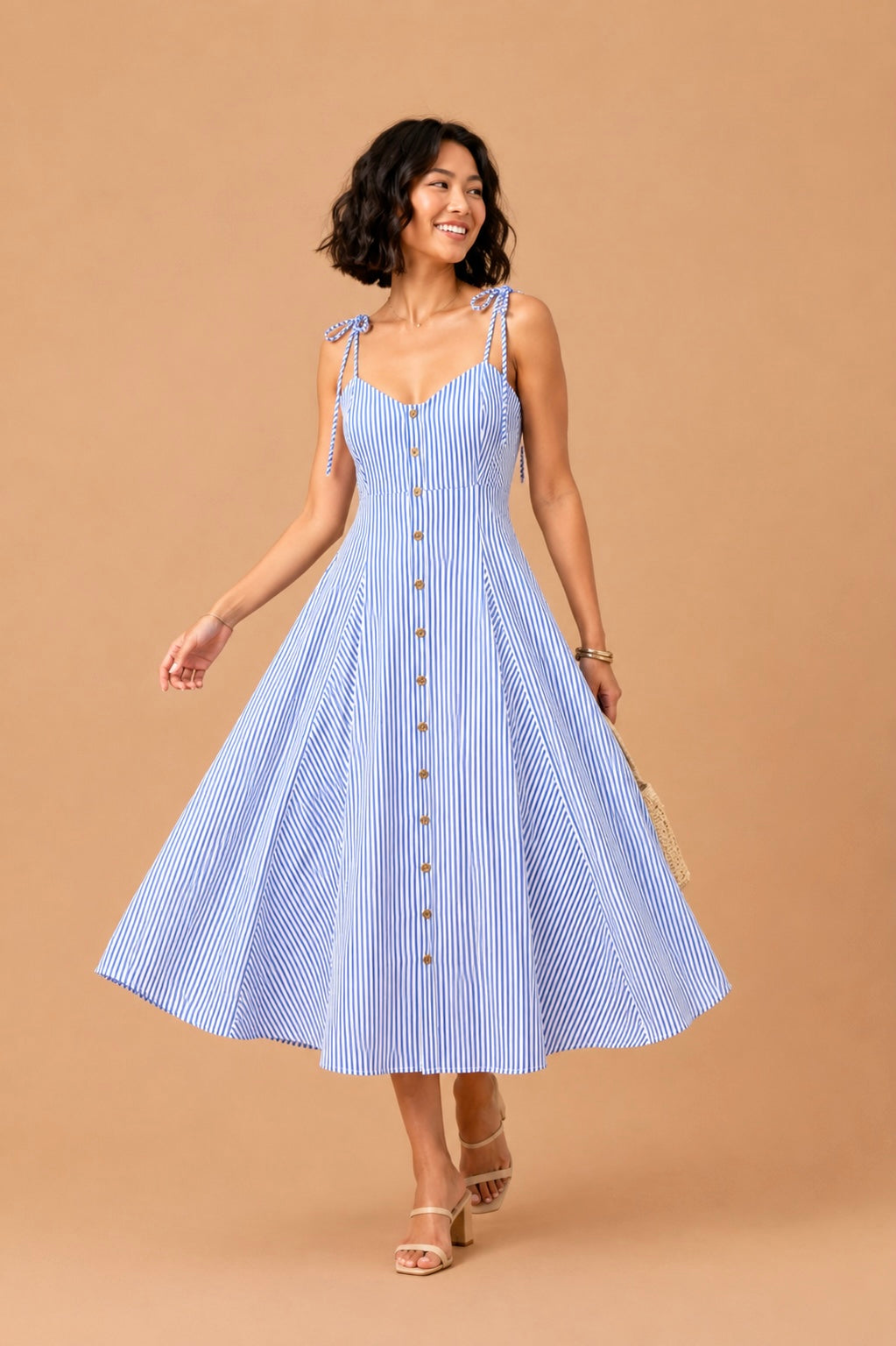 Quinn Coastal Striped Tie Shoulder Button Front Midi Dress