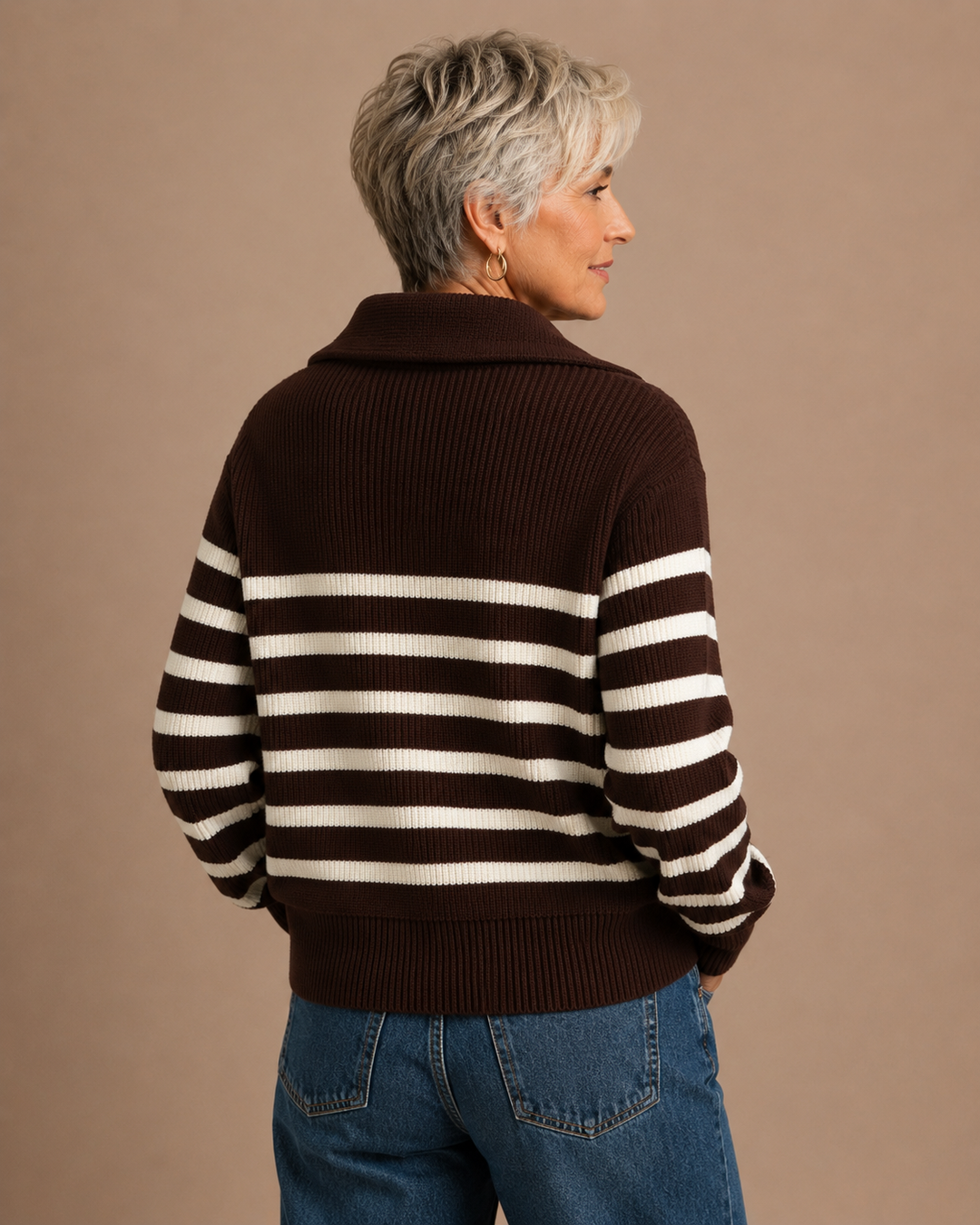 Clara Striped Half-Zip Up Oversized Sailor Collar Knit Sweater Top
