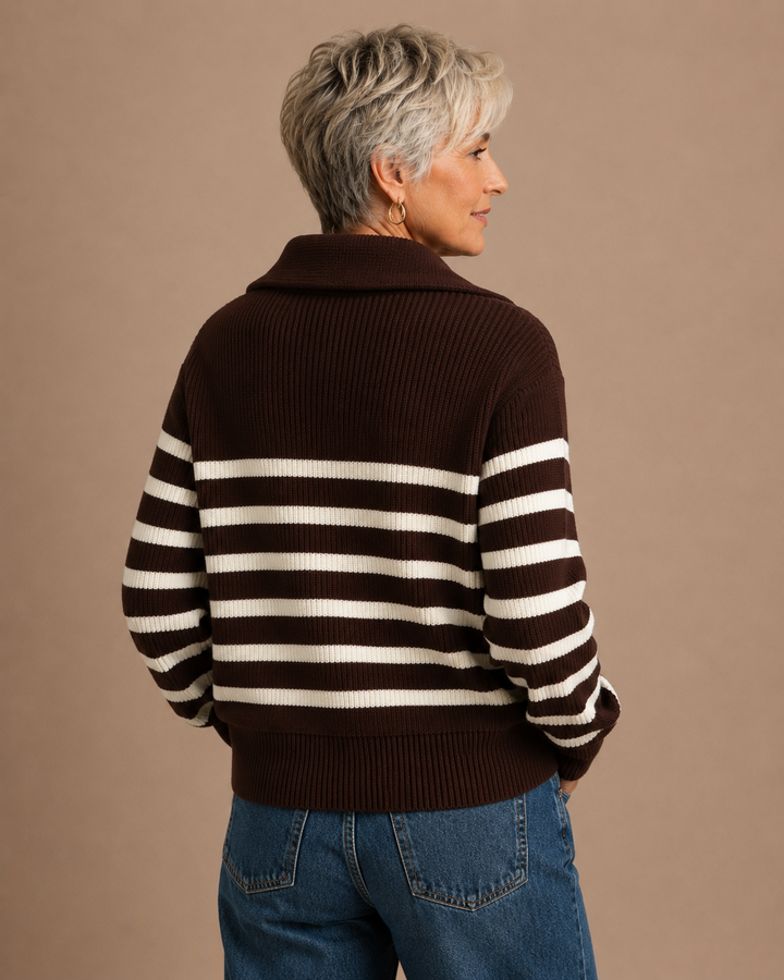 Clara Striped Half-Zip Up Oversized Sailor Collar Knit Sweater Top