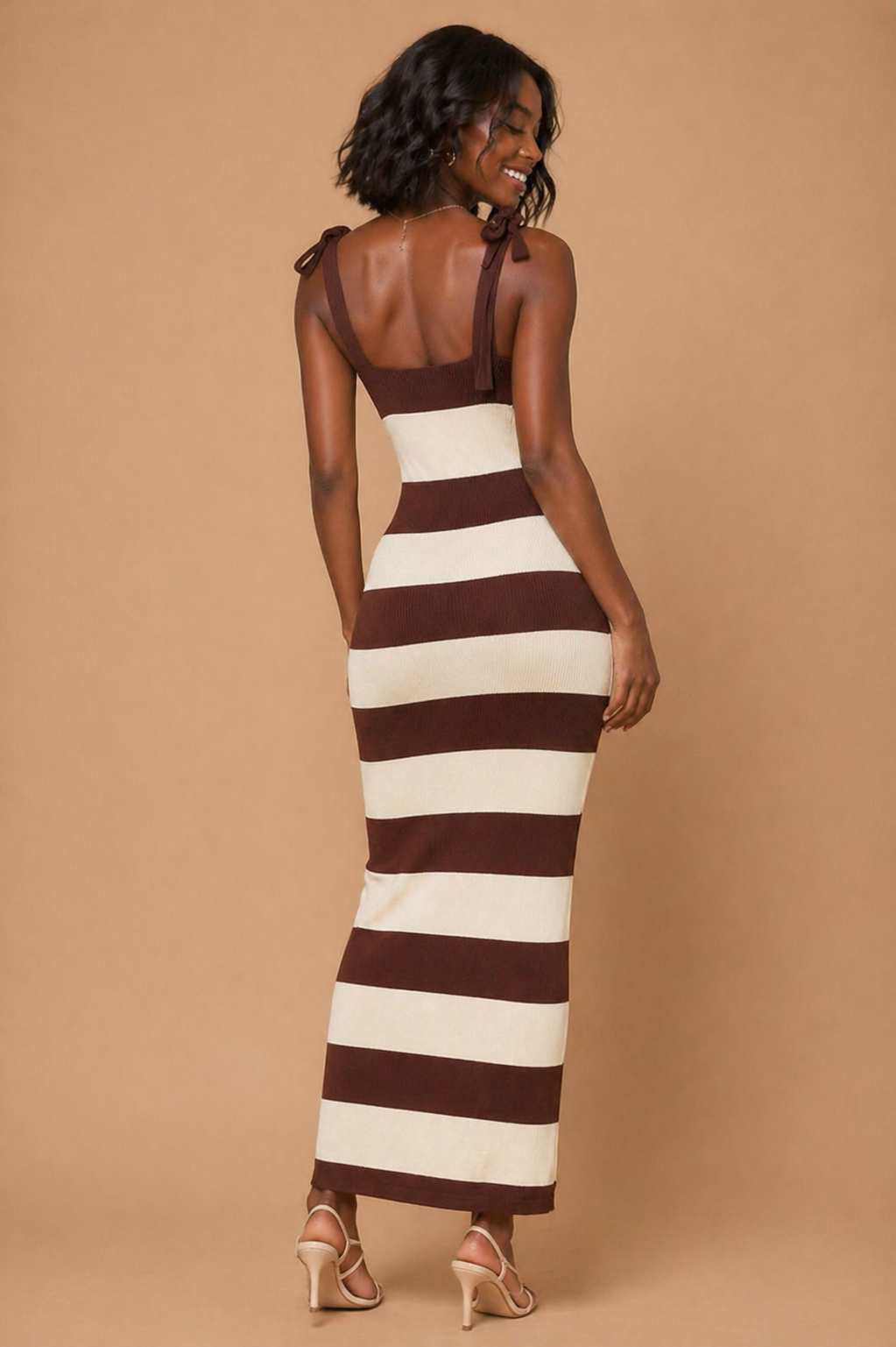 Sienna Shoulder Tie Striped Knit Midi Dress