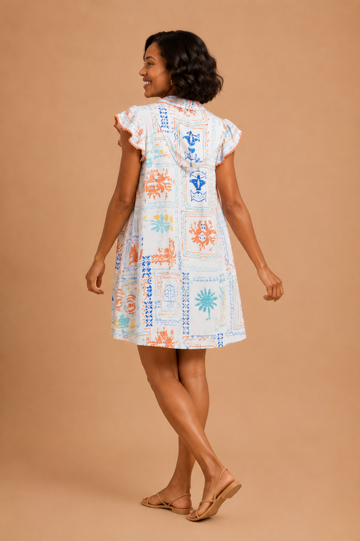 Lorelei Coastal Motif Printed Button Down Midi Dress