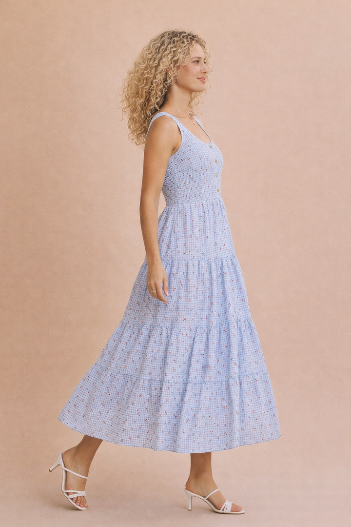 Opal Sweet Cherry Print Smocked Gingham Midi Dress