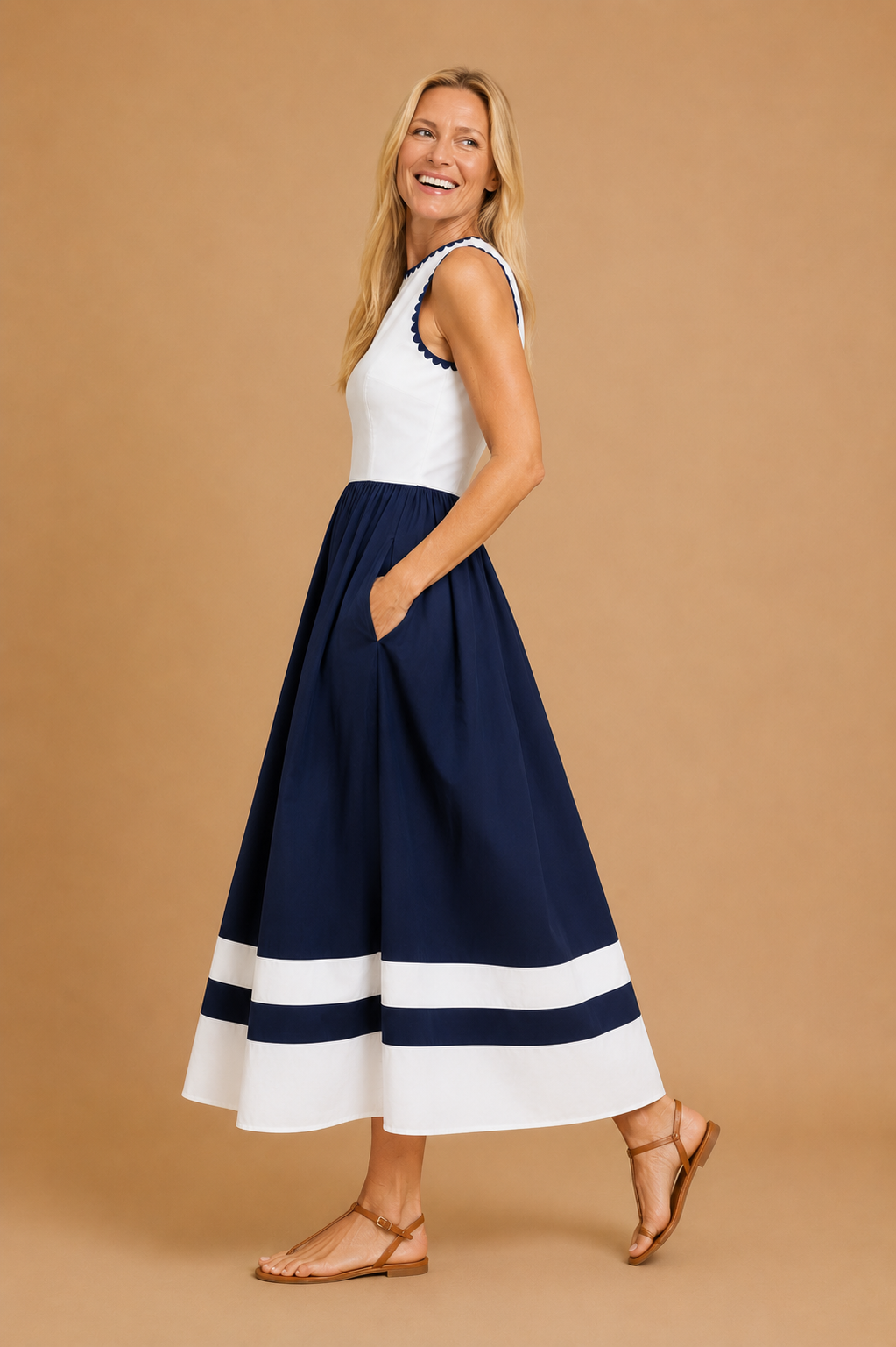 Viviana Sleeveless Combination Midi Dress