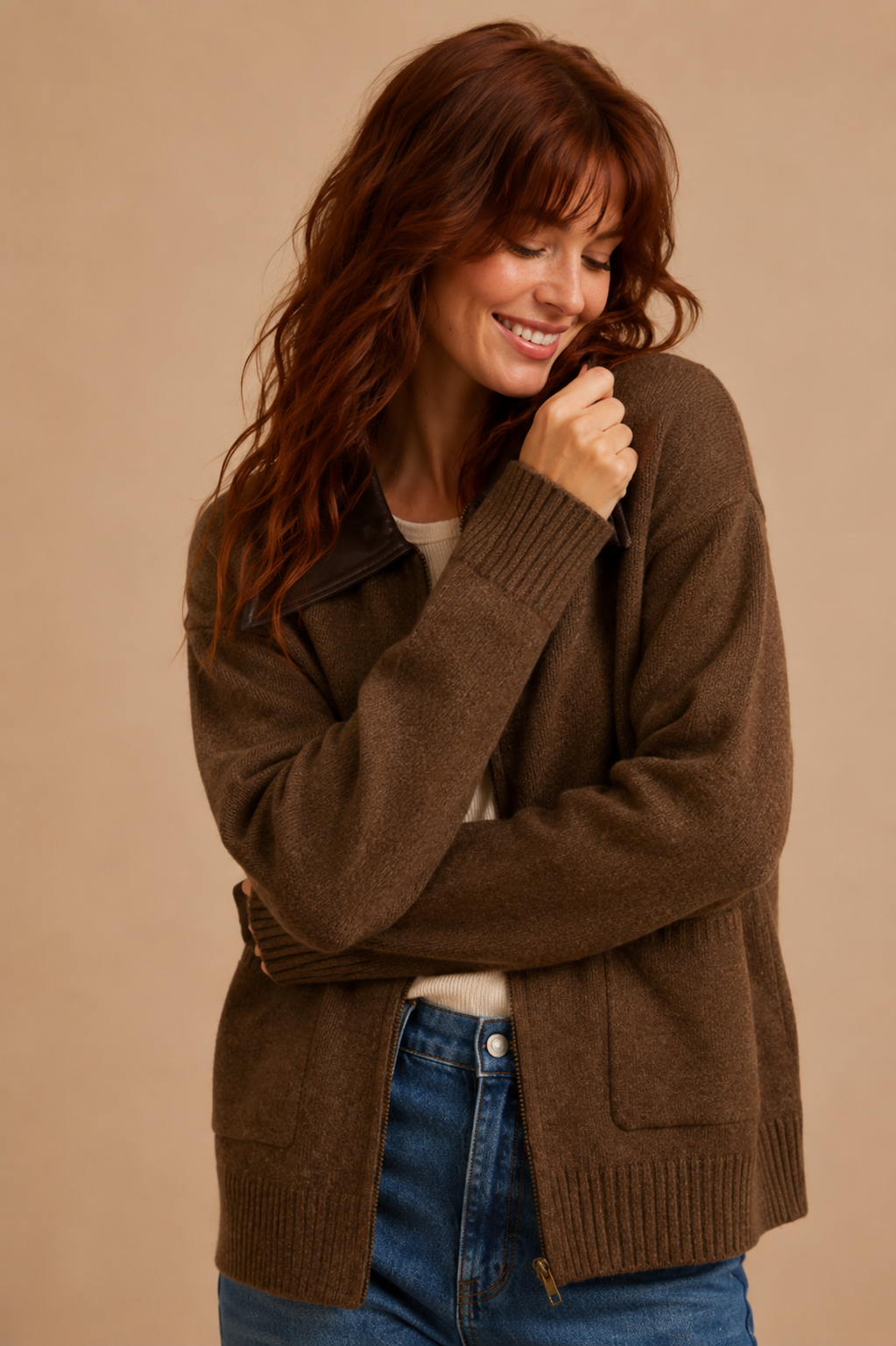 Orla Faux Leather Collar Zip Up Sweater Cardigan