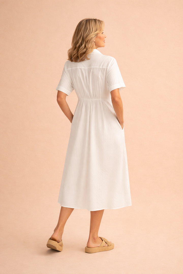Florence Pleat Detail Button Down Monochromatic Striped Midi Dress