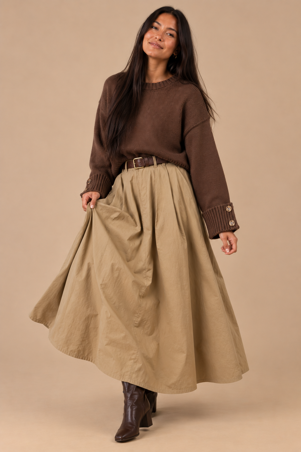 Laura Button Cuff Cotton Blend Crew Neck Sweater