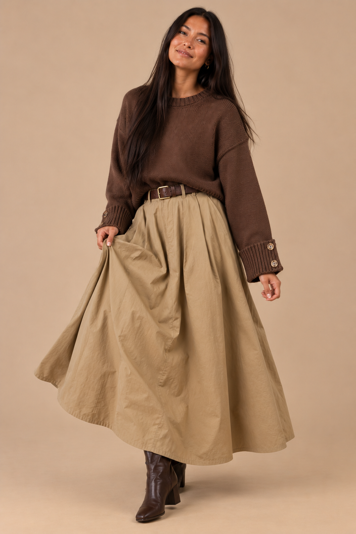 Laura Button Cuff Cotton Blend Crew Neck Sweater