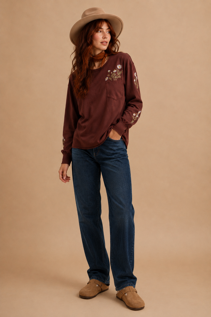 Inez Floral Embroidered Long Sleeve Pullover Top