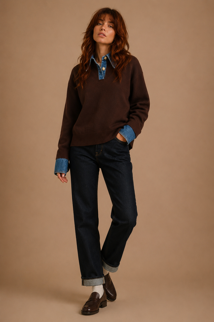 Triana Denim Layered Collar And Cuff Knit Sweater