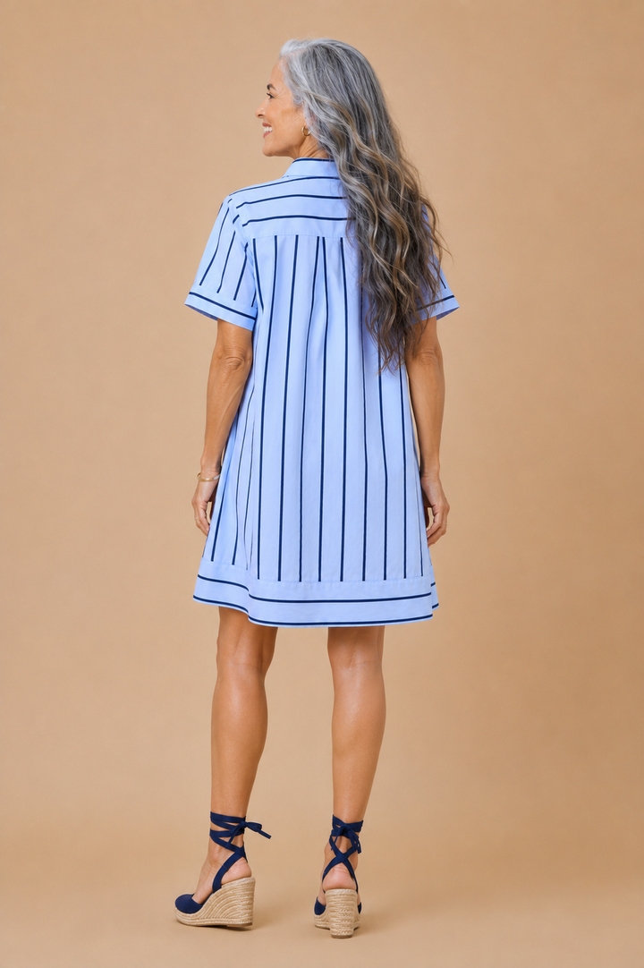 Phoebe Striped Short Sleeve Collared A-Line Shirtdress