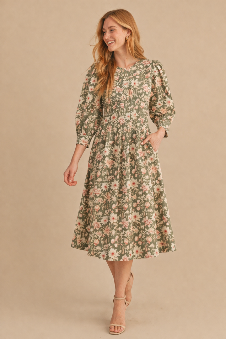 Nora Floral Print Pleated Waist Midi Dress