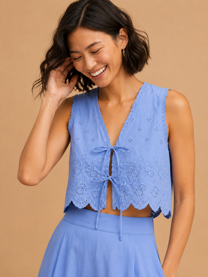 Eloise Eyelet Embroidered Tie Front Crop Top
