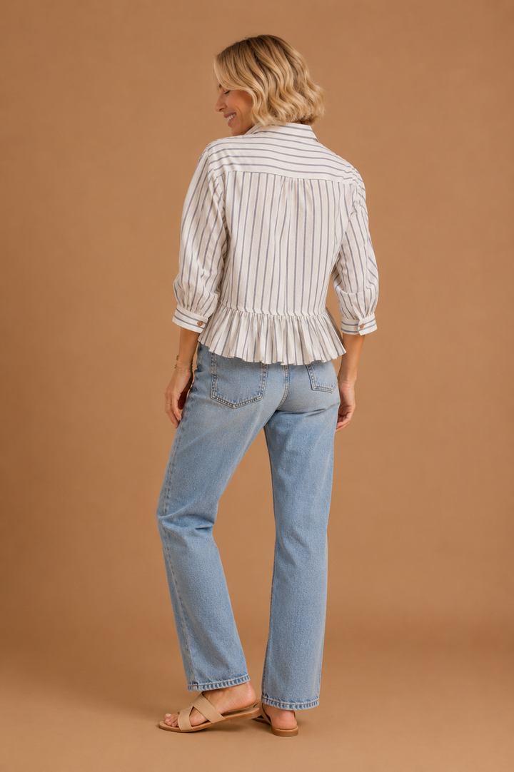 Ivy Striped Button Down Ruffle Hem Shirt