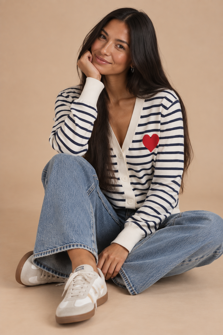 Loreliea Embroidered Heart Patch Striped Cardigan