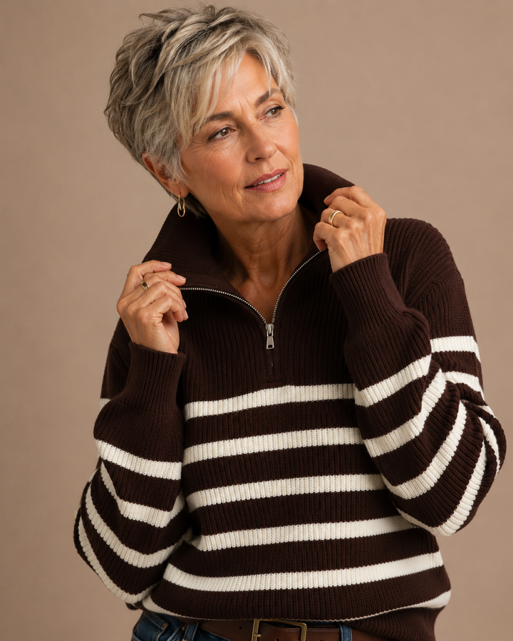 Clara Striped Half-Zip Up Oversized Sailor Collar Knit Sweater Top