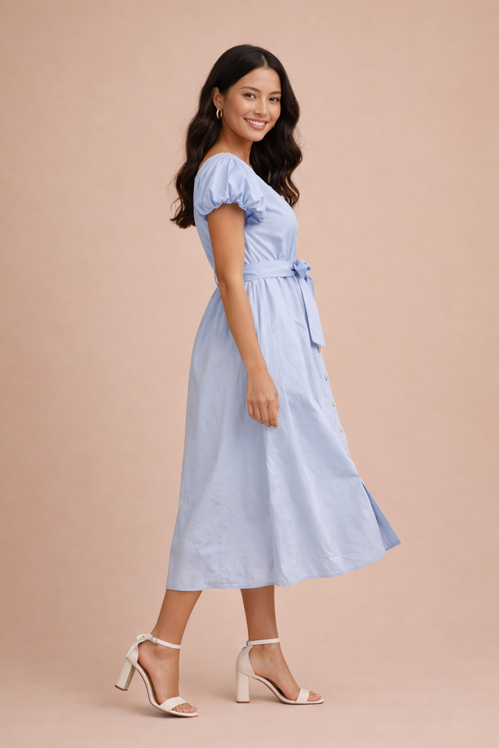Beatrice Puffed Cap Sleeve Button Down Solid Midi Dress