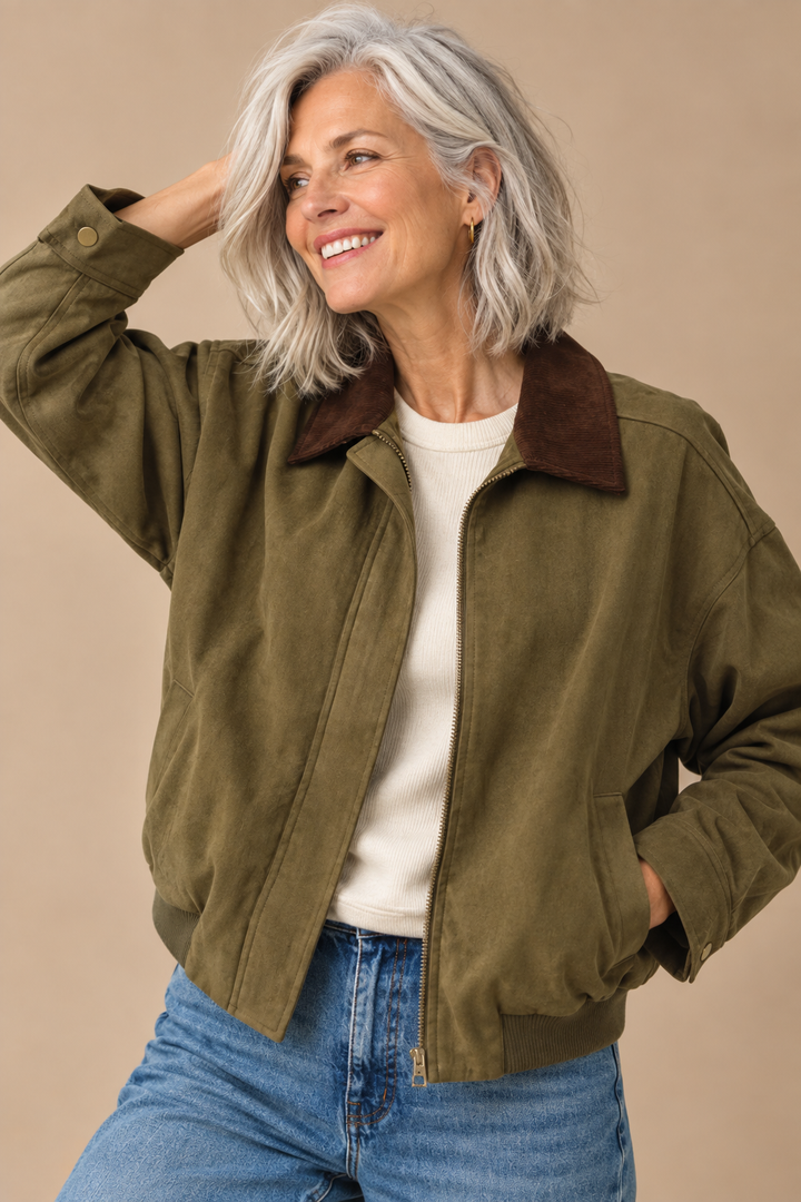 Farrah Faux Suede Corduroy Collared Bomber Jacket