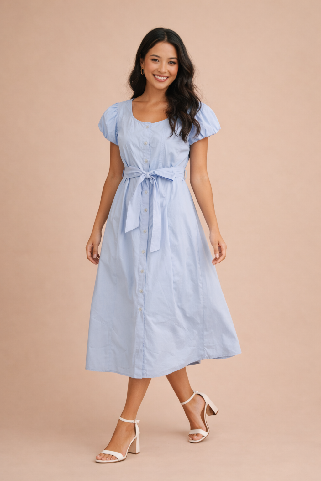 Beatrice Puffed Cap Sleeve Button Down Solid Midi Dress
