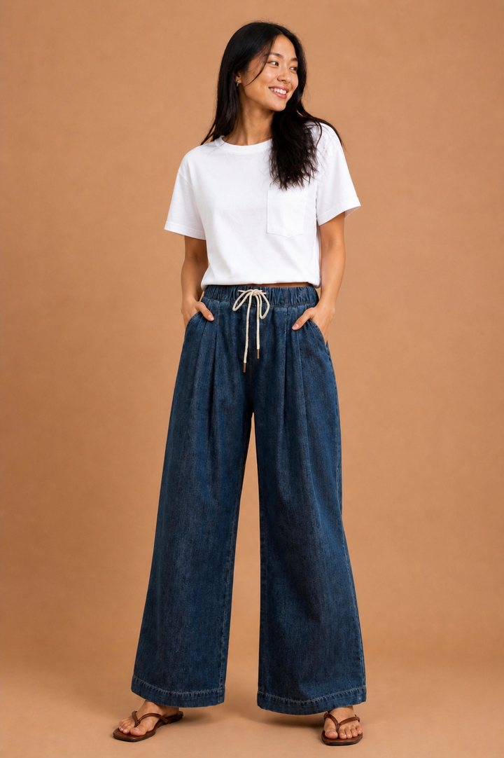 Giselle Straight Wide Leg Drawstring Denim Pants