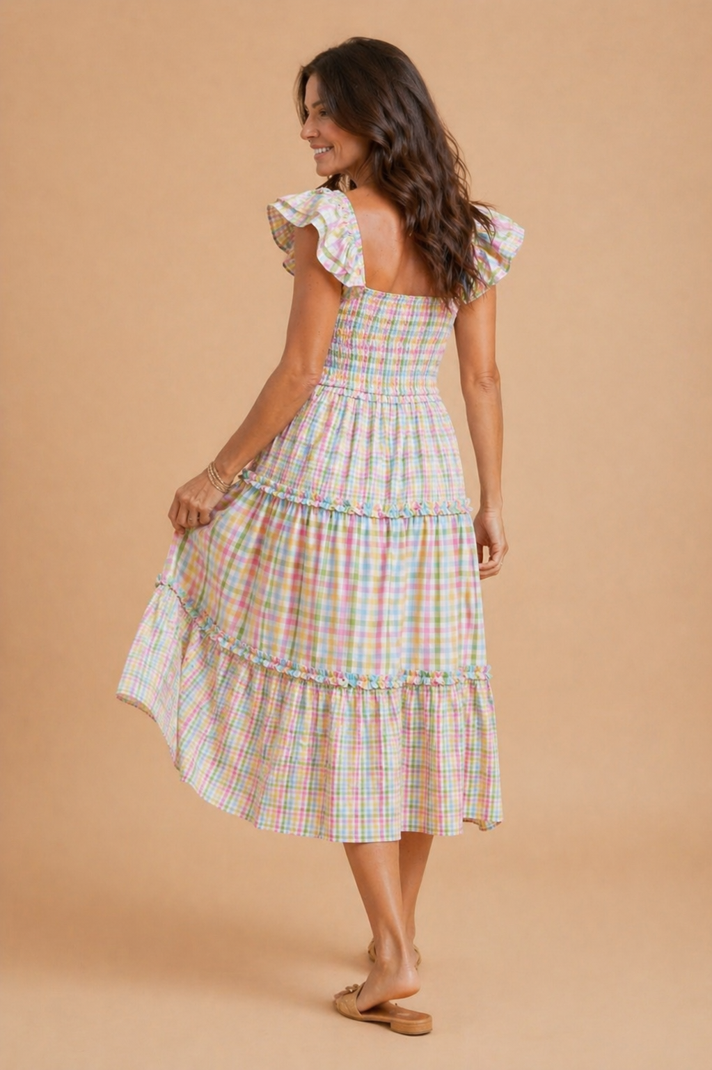 Mara Gingham Check Flutter Sleeve Tiered Midi Dress