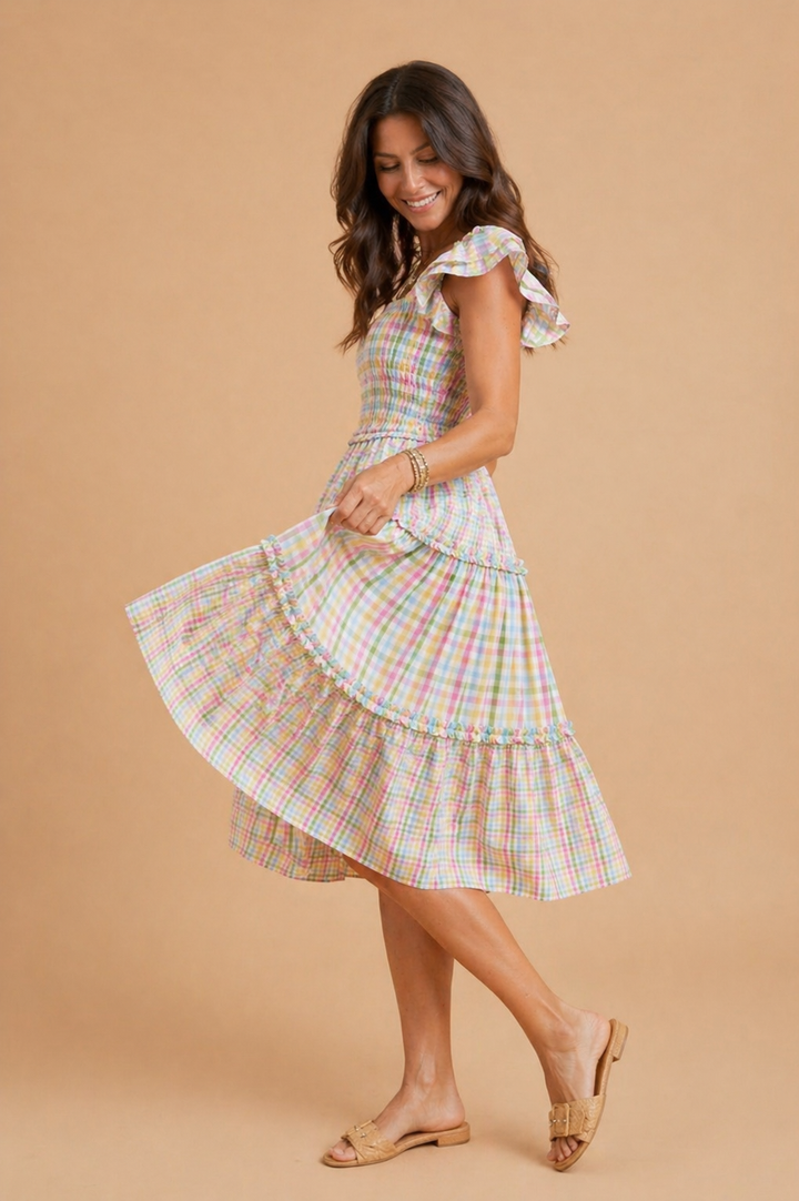 Mara Gingham Check Flutter Sleeve Tiered Midi Dress