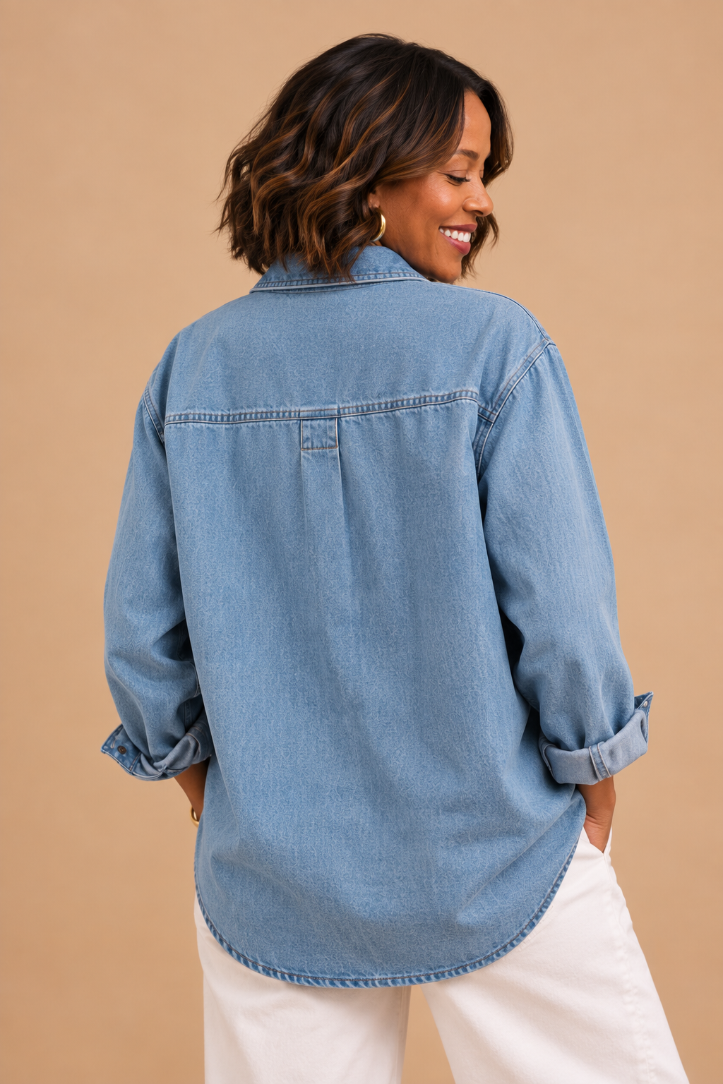 Felicity Colorblocked Wash Denim Button Up Top