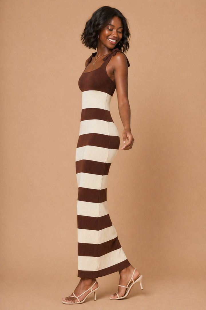 Sienna Shoulder Tie Striped Knit Midi Dress