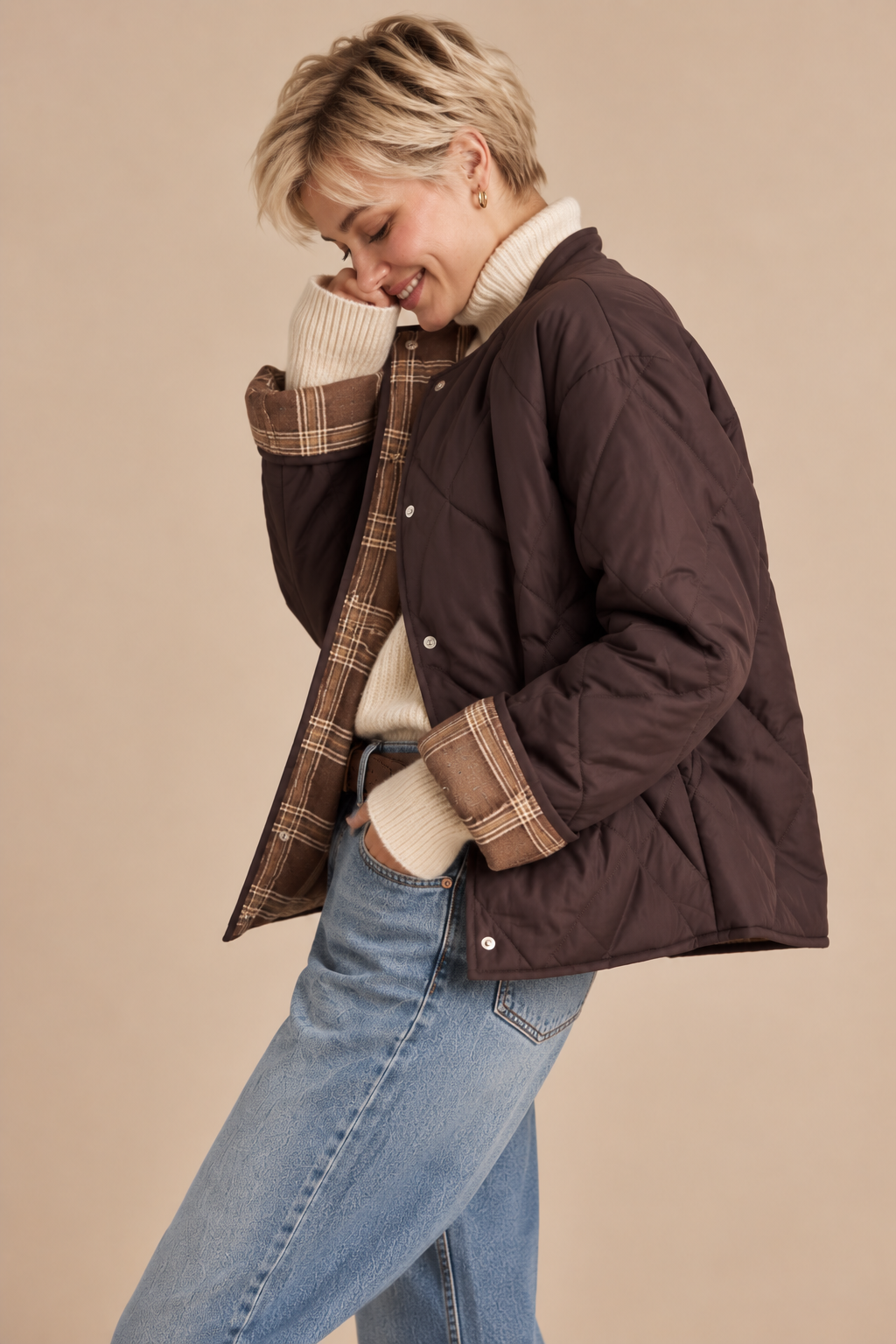 Stacey Collarless Plaid Contrast Puffer Jacket