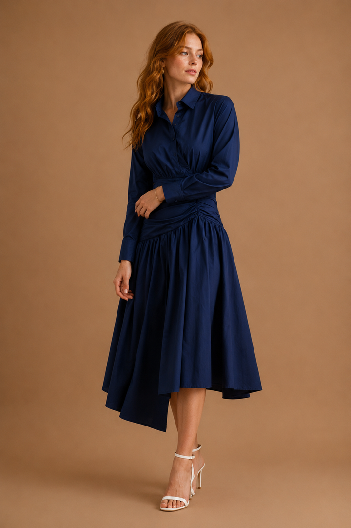 Priscilla Poplin Asymmetric Button Down Shirred Shirt Midi Dress