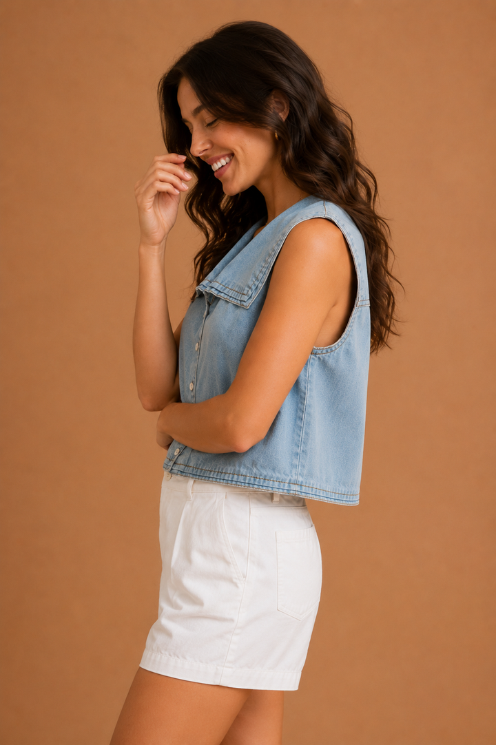 Rosalie Sailor Collar Button Front Denim Top