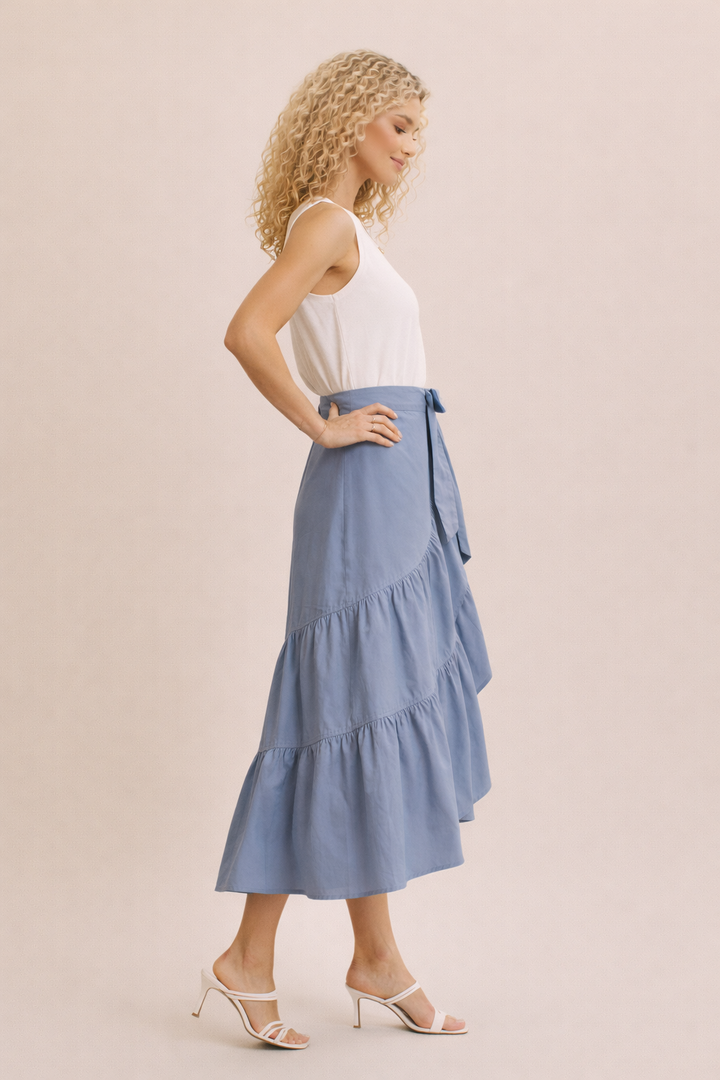 Lila Coastal Tiered Wrap Midi Dress