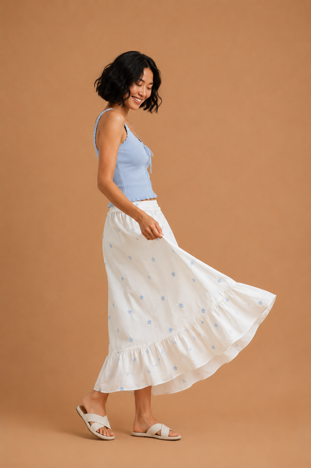 Lennon Floral Embroidered Ruffle Midi Skirt