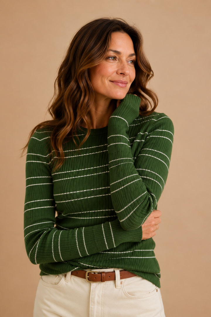 Savannah Double Stripe Crewneck Rib Sweater
