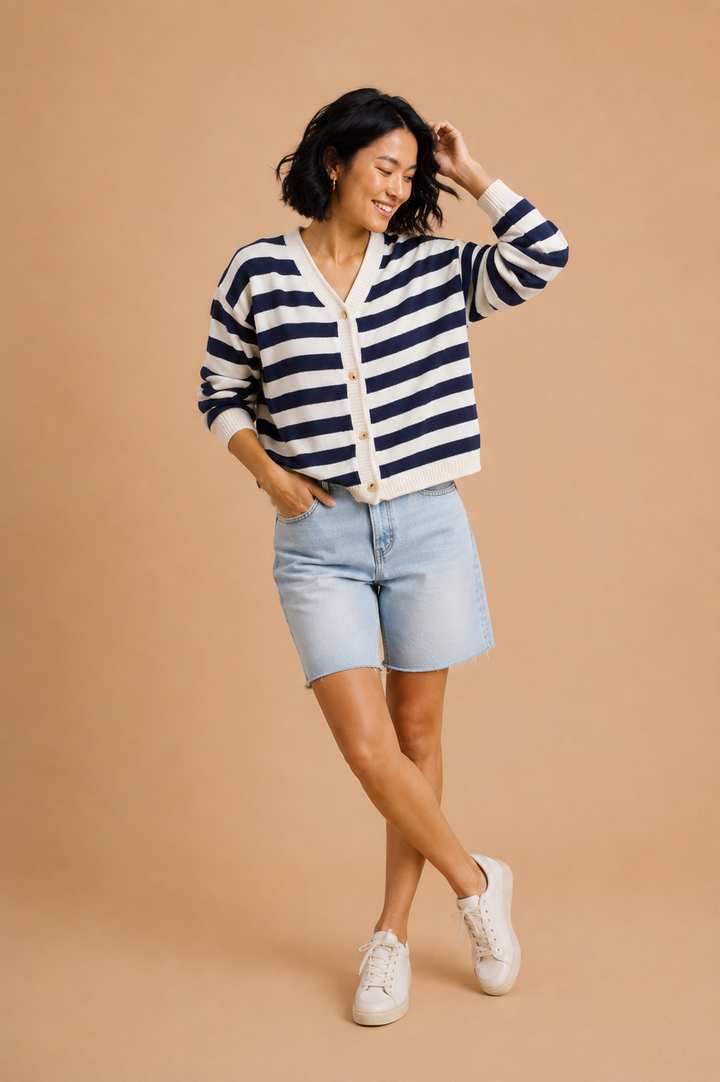 Jocelyn Button Front Striped Cardigan Sweater