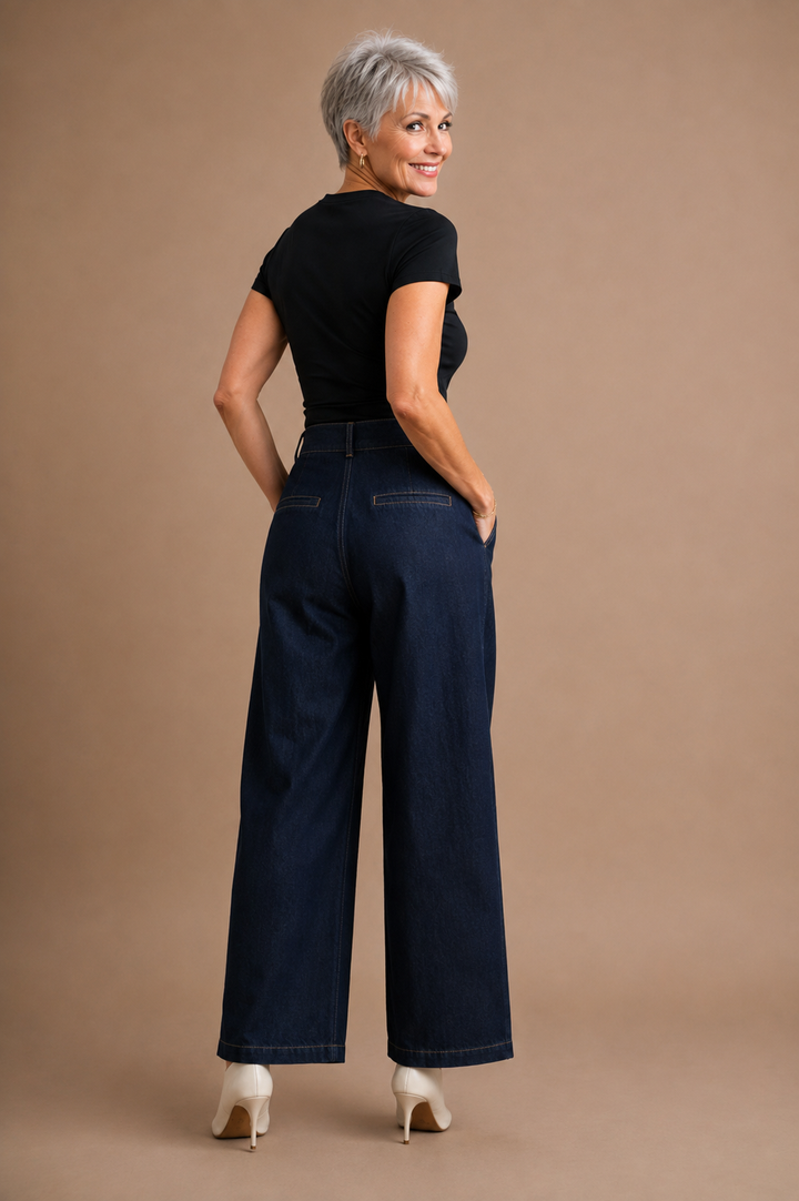 Penelope High-Waisted Wide Leg Front Pleated Denim Jean Pants