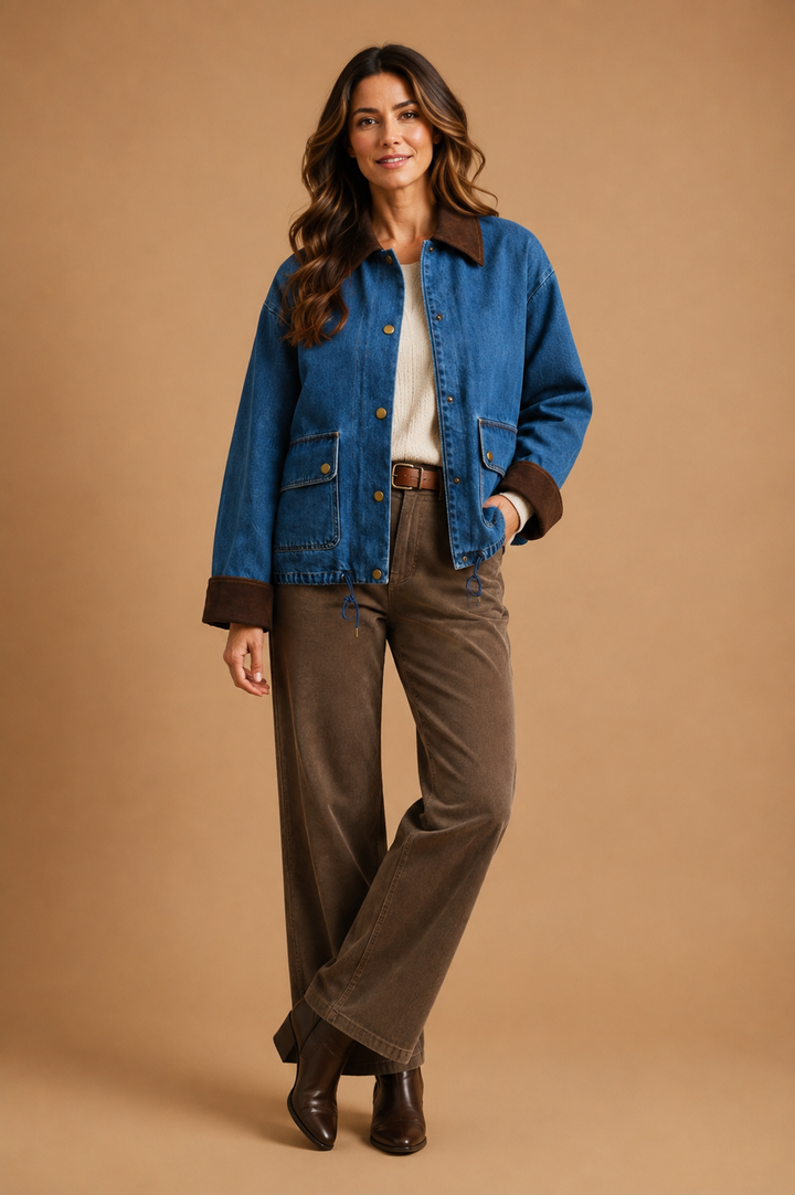 Nora Denim Corduroy Trim Snap Button Down Jacket