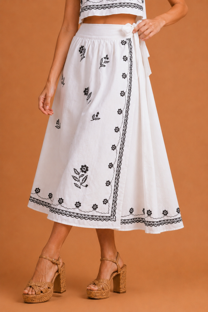 Rosalie Embroidered Wrap Midi Skirt