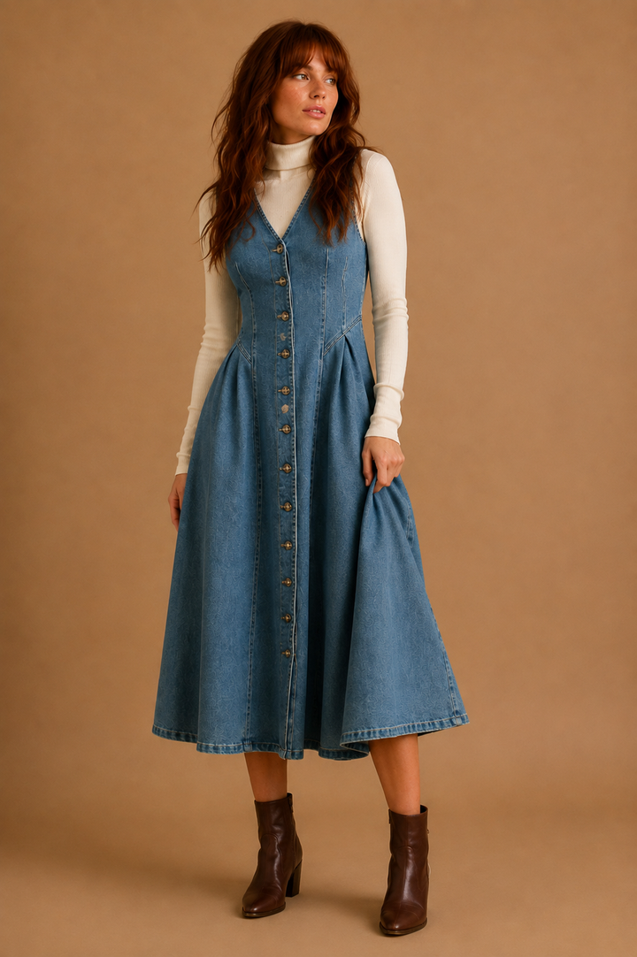 Malia V-Neck Stretch Denim Midi Dress